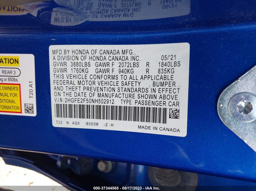 VIN 2HGFE2F50NH502912 2022 HONDA CIVIC SEDAN SPORT