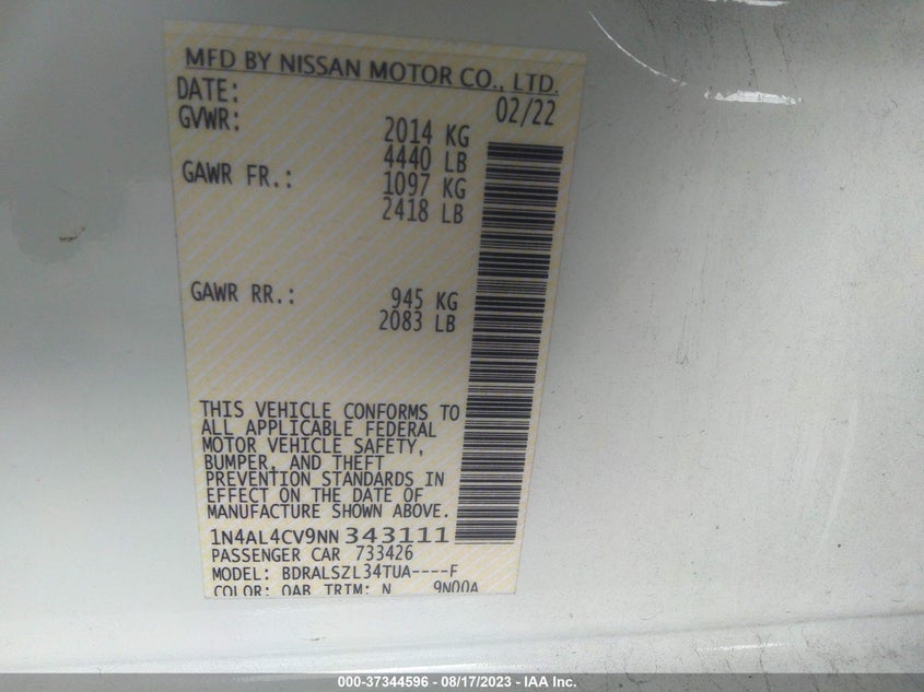 VIN 1N4AL4CV9NN343111 2022 NISSAN ALTIMA 2.0 SR