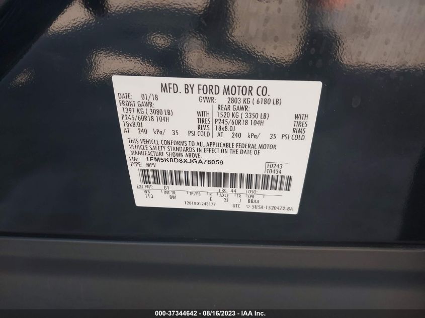 2018 FORD EXPLORER XLT - 1FM5K8D8XJGA78059