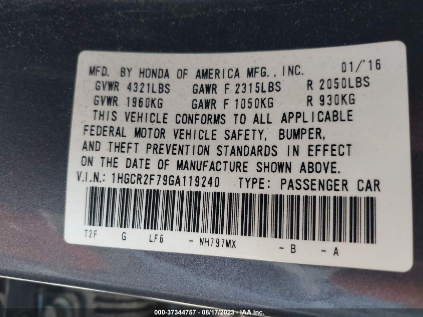 2016 HONDA ACCORD SEDAN EX - 1HGCR2F79GA119240