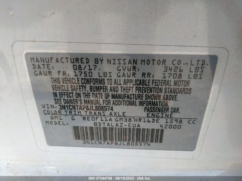 2018 NISSAN VERSA SEDAN S PLUS - 3N1CN7AP8JL808574