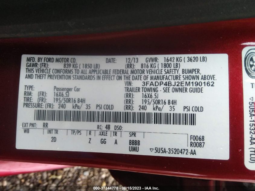 2014 FORD FIESTA SE - 3FADP4BJ2EM190162