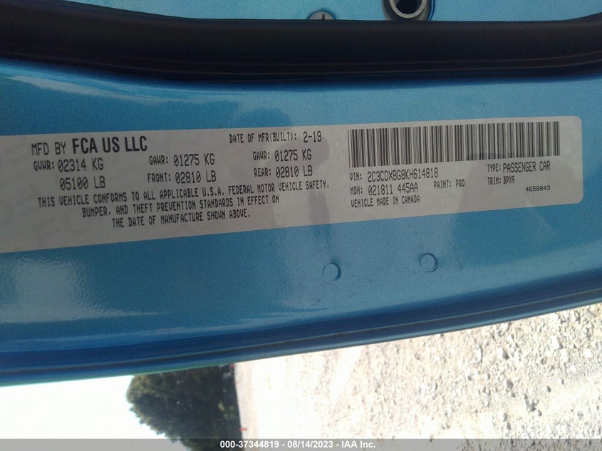 VIN 2C3CDXBG8KH614818 2019 DODGE CHARGER SXT