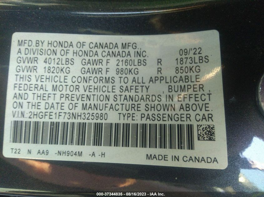 VIN 2HGFE1F73NH325980 2022 HONDA CIVIC SEDAN EX