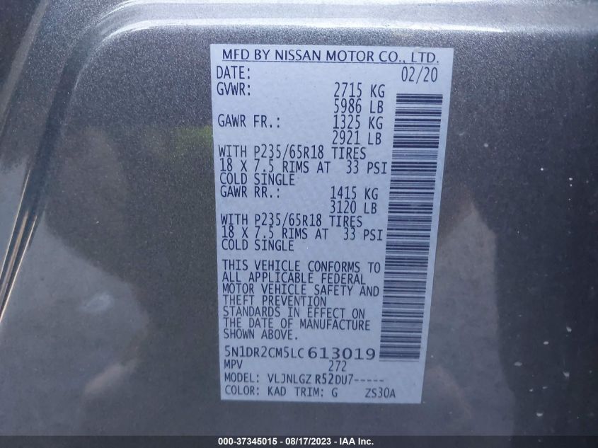 2020 NISSAN PATHFINDER SL - 5N1DR2CM5LC613019