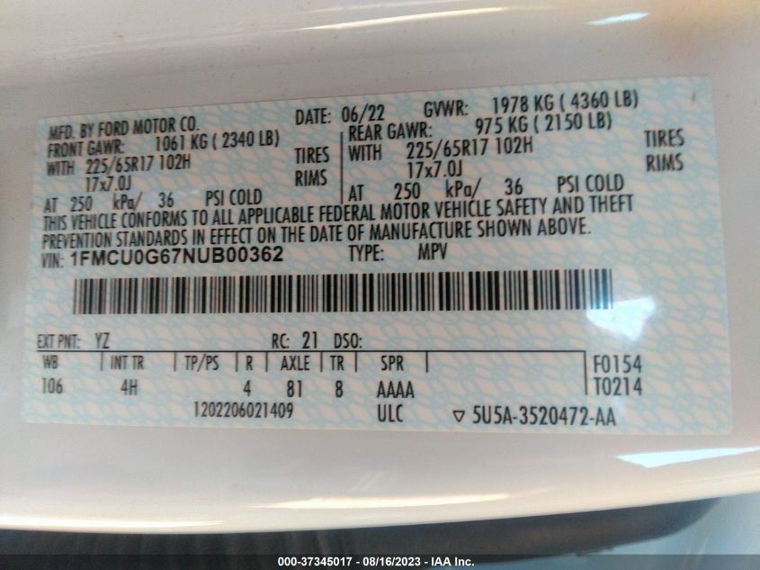 2022 FORD ESCAPE SE - 1FMCU0G67NUB00362