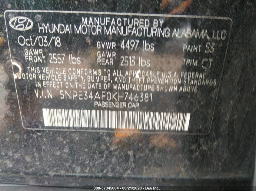 2019 HYUNDAI SONATA SPORT - 5NPE34AF0KH746381