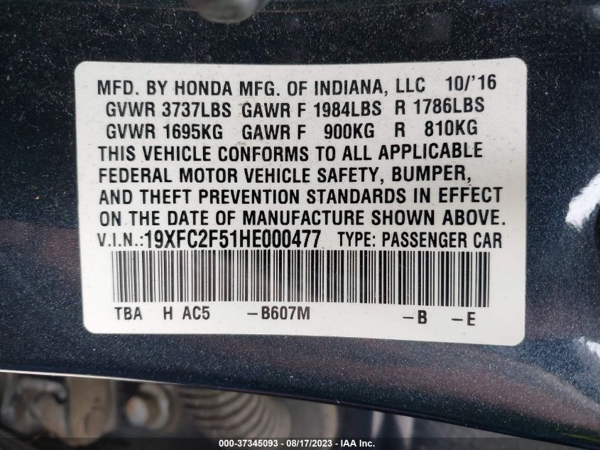 2017 HONDA CIVIC SEDAN LX - 19XFC2F51HE000477