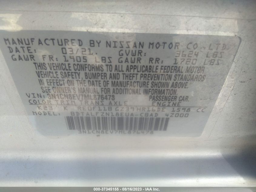 2021 NISSAN VERSA SV - 3N1CN8EV7ML876478