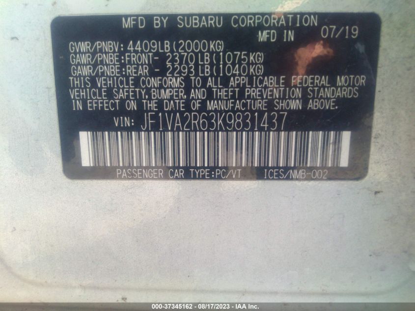 2019 SUBARU WRX STI - JF1VA2R63K9831437