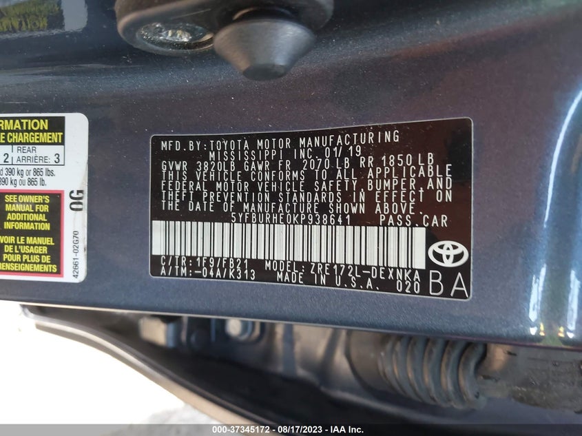2019 TOYOTA COROLLA VIN: 5YFBURHE0KP938641