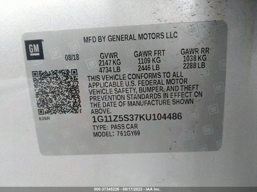 2019 CHEVROLET IMPALA LT - 1G11Z5S37KU104486