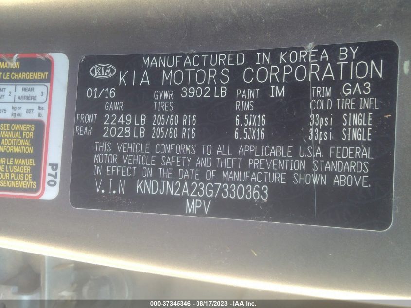 2016 KIA SOUL BASE - KNDJN2A23G7330363