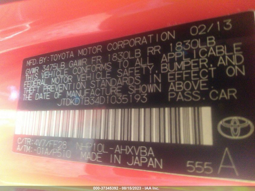 2013 TOYOTA PRIUS C ONE/TWO/THREE/FOUR - JTDKDTB34D1035193
