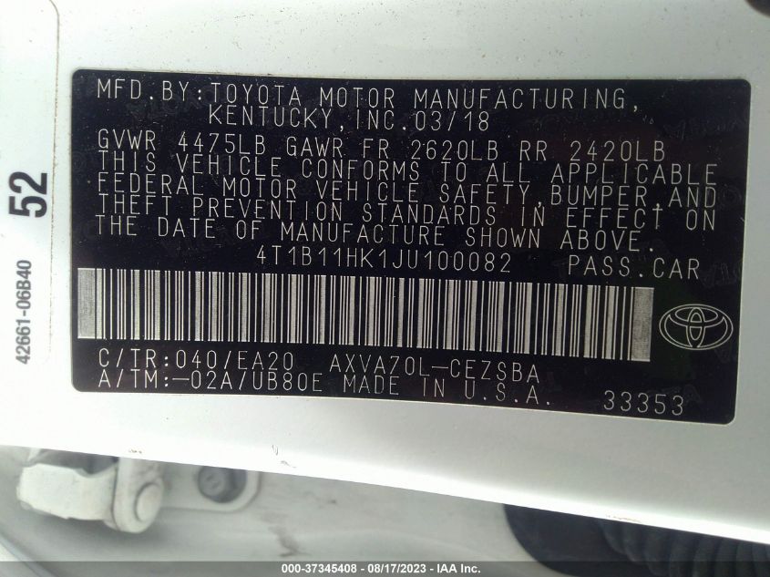 2018 TOYOTA CAMRY LE/SE/XLE/L - 4T1B11HK1JU100082