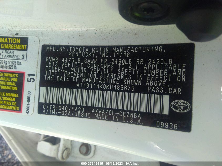 2019 TOYOTA CAMRY LE/SE/XLE/L - 4T1B11HK0KU185675