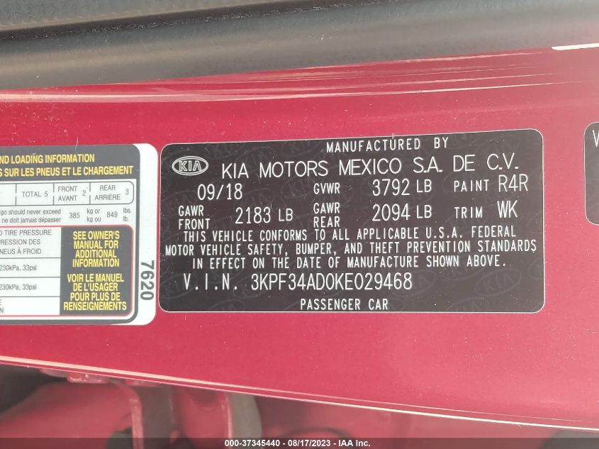 2019 KIA FORTE S - 3KPF34AD0KE029468
