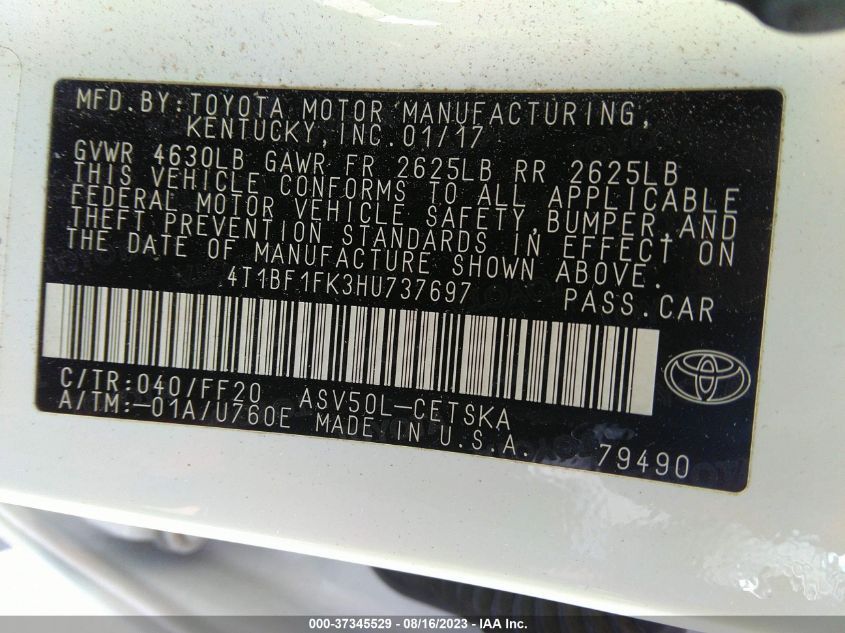 2017 TOYOTA CAMRY XLE/SE/LE/XSE - 4T1BF1FK3HU737697