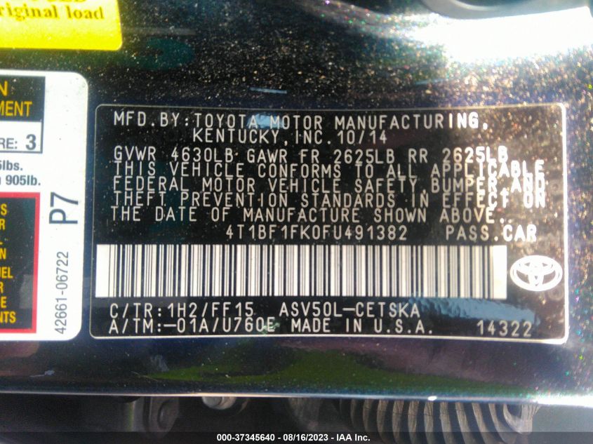 2015 TOYOTA CAMRY XLE/SE/LE/XSE - 4T1BF1FK0FU491382