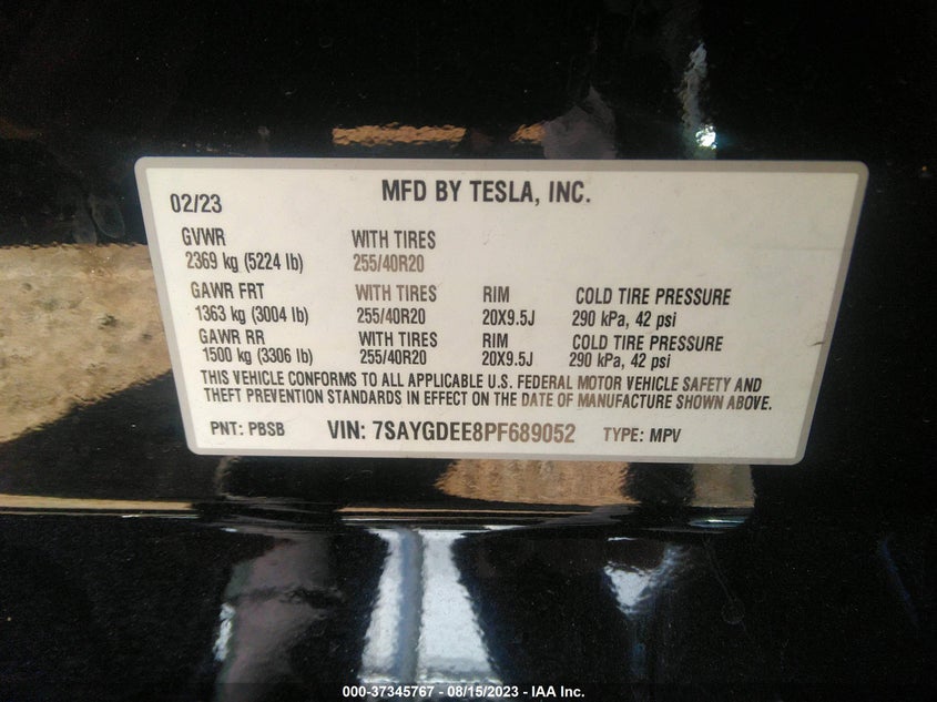 VIN 7SAYGDEE8PF689052 2023 TESLA MODEL Y LONG RANGE