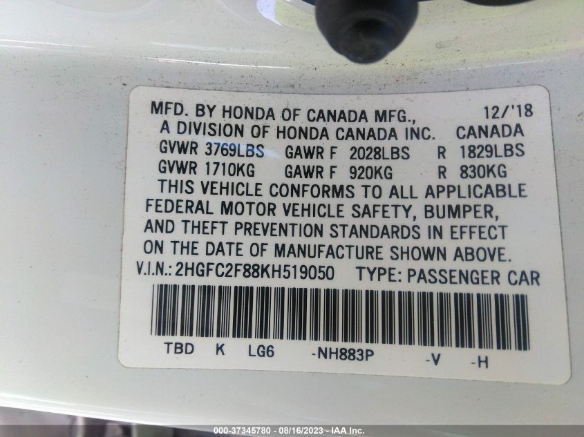 2019 HONDA CIVIC SEDAN SPORT - 2HGFC2F88KH519050