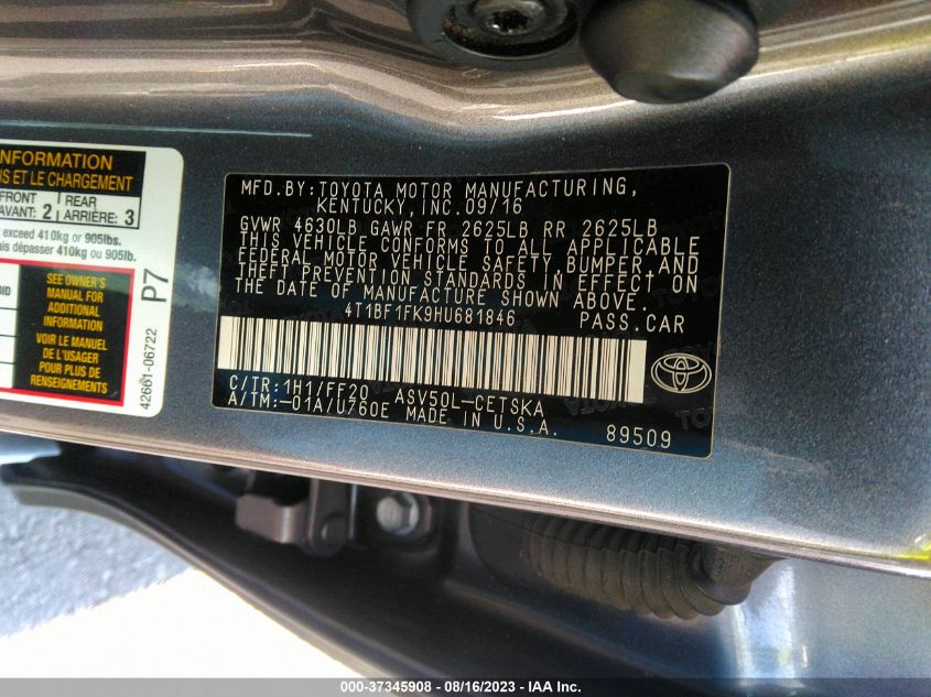 2017 TOYOTA CAMRY SE - 4T1BF1FK9HU681846