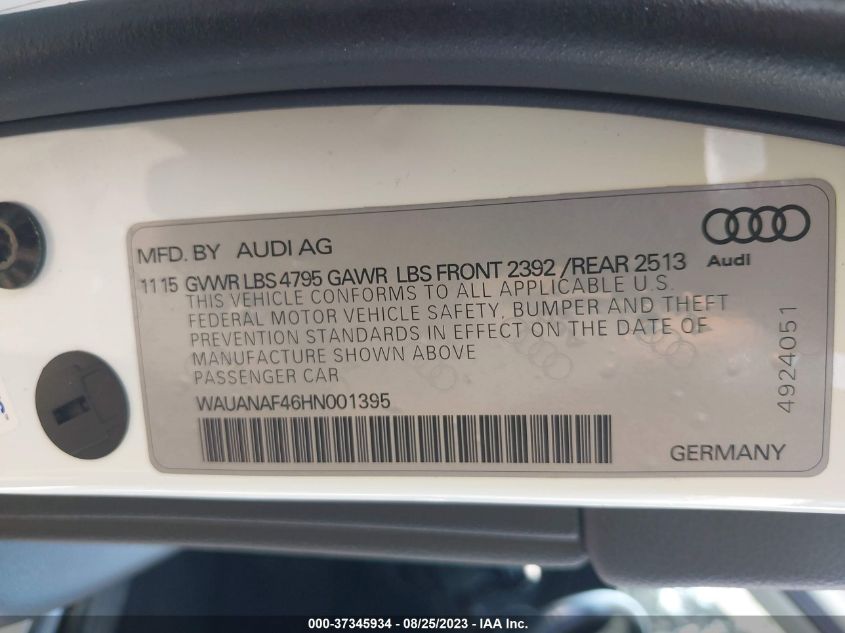 2017 AUDI A4 PREMIUM - WAUANAF46HN001395