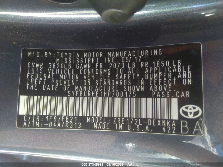 2017 TOYOTA COROLLA L/LE/XLE/SE - 5YFBURHE1HP700175