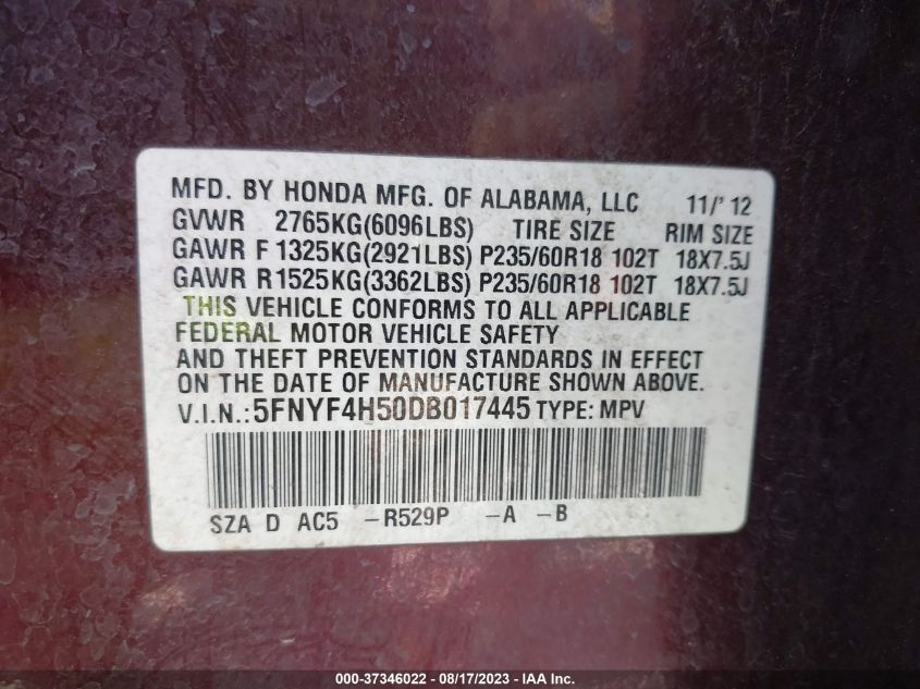 2013 HONDA PILOT EX-L - 5FNYF4H50DB017445