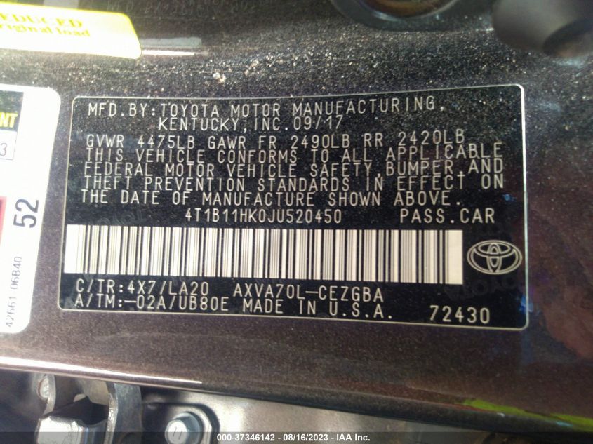2018 TOYOTA CAMRY XLE - 4T1B11HK0JU520450