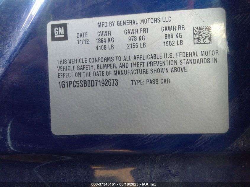 2013 CHEVROLET CRUZE LT - 1G1PC5SB0D7192673