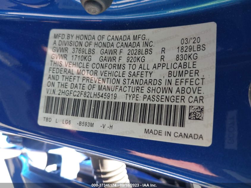 2020 HONDA CIVIC SEDAN SPORT - 2HGFC2F82LH545919