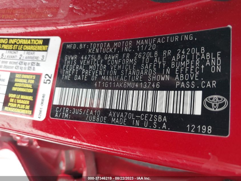 2021 TOYOTA CAMRY SE/SE NIGHT SHADE - 4T1G11AK6MU413746