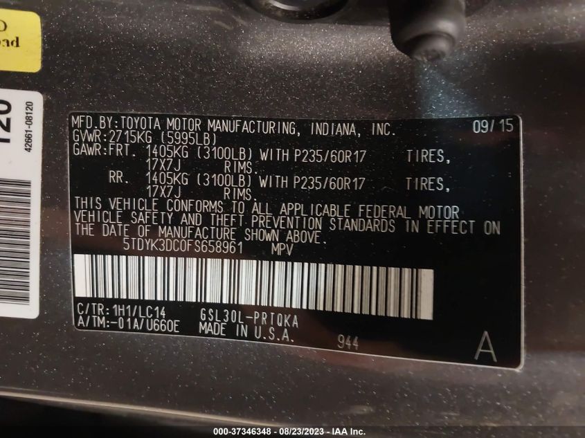 2015 TOYOTA SIENNA XLE/XLE AAS/LTD - 5TDYK3DC0FS658961