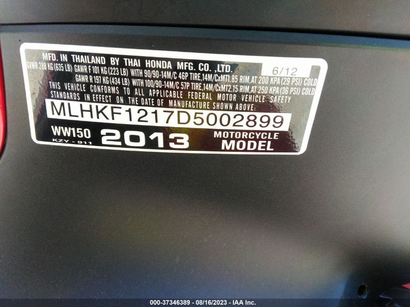 2013 HONDA PCX 150 - MLHKF1217D5002899