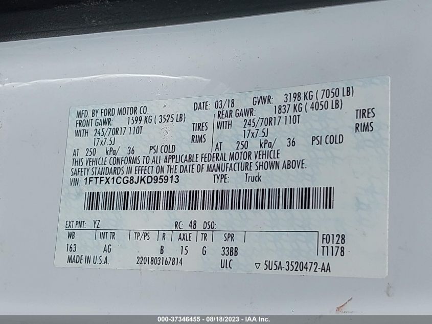2018 FORD F-150 XL/XLT/LARIAT - 1FTFX1CG8JKD95913