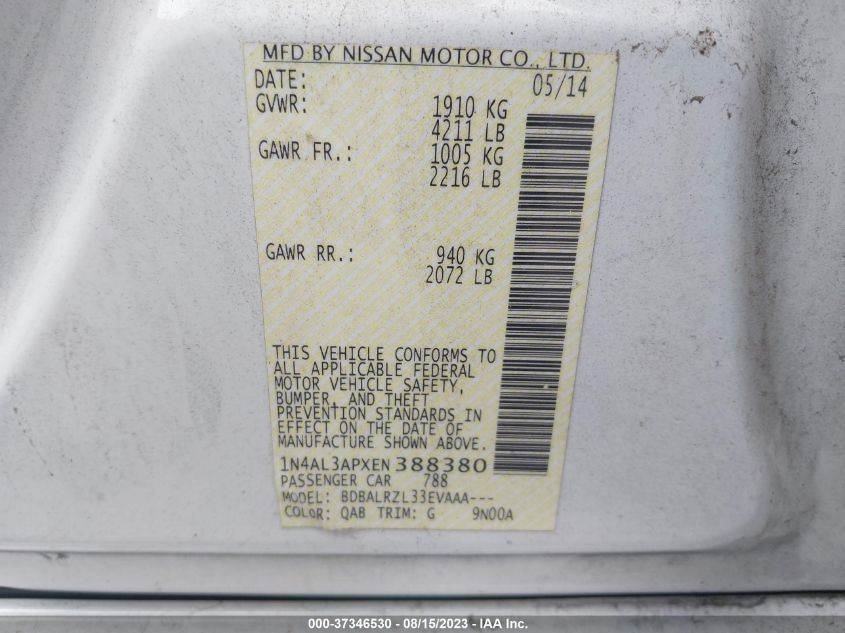2014 NISSAN ALTIMA 2.5 S - 1N4AL3APXEN388380