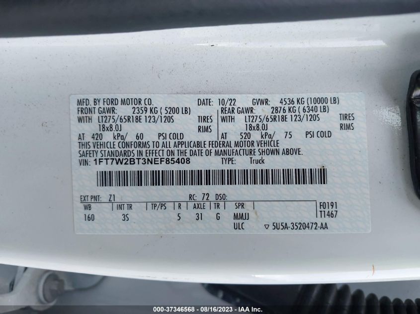 2022 FORD SUPER DUTY F-250 SRW XL/XLT/LARIAT - 1FT7W2BT3NEF85408