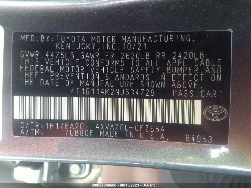 2022 TOYOTA CAMRY SE - 4T1G11AK2NU634729