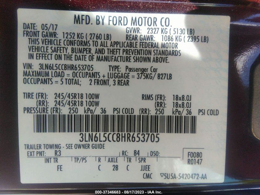 2017 LINCOLN MKZ SELECT - 3LN6L5CC8HR653705