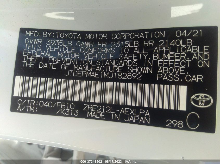 2021 TOYOTA COROLLA LE - JTDEPMAE1MJ182892