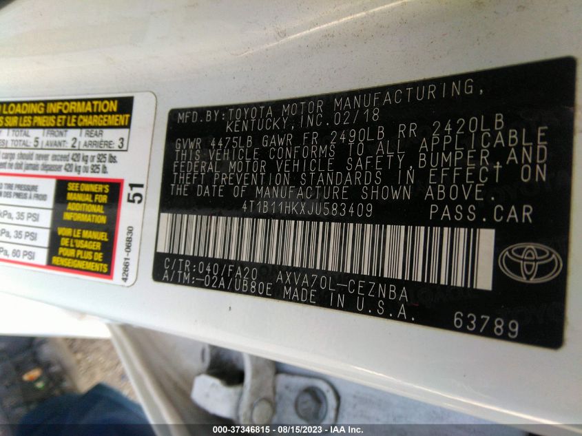 2018 TOYOTA CAMRY LE/SE/XLE/L - 4T1B11HKXJU583409