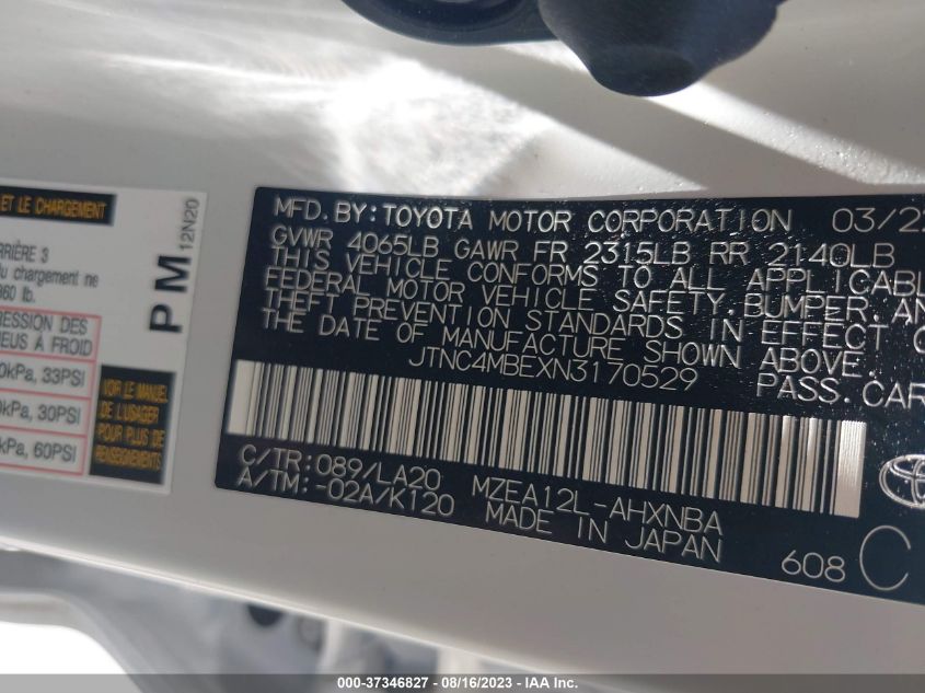 2022 TOYOTA COROLLA HATCHBACK XSE JTNC4MBEXN3170529
