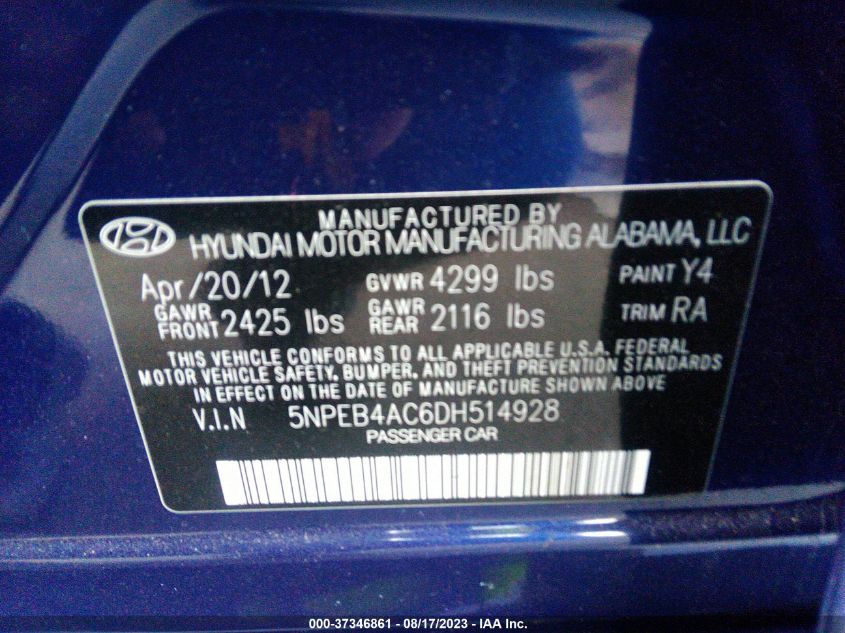 2013 HYUNDAI SONATA GLS - 5NPEB4AC6DH514928