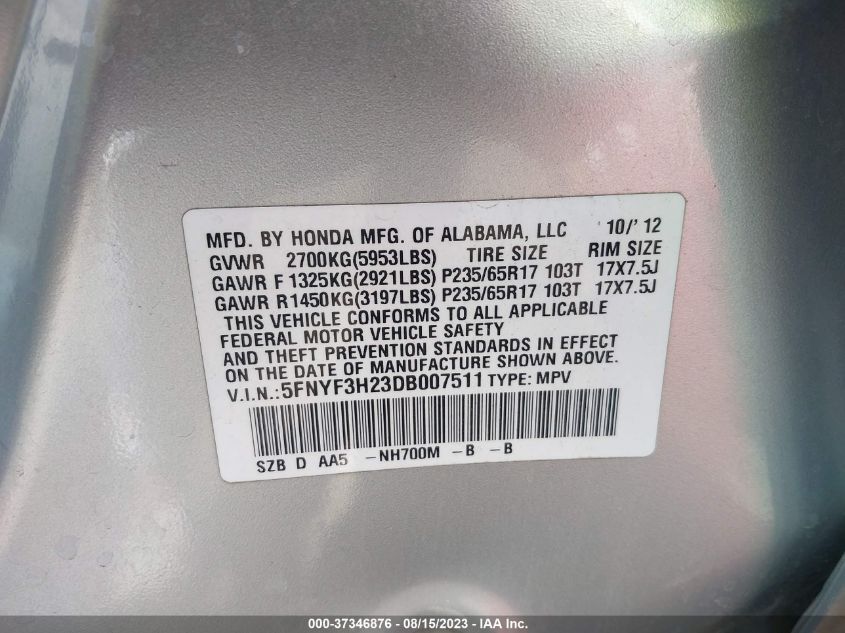 2013 HONDA PILOT LX - 5FNYF3H23DB007511