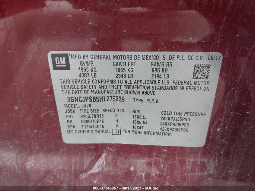 2017 CHEVROLET TRAX LT - 3GNCJPSB5HL275239