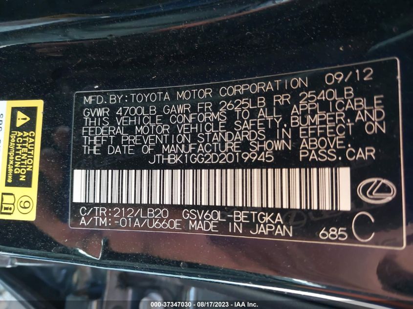 2013 LEXUS ES 350 4DR SDN - JTHBK1GG2D2019945
