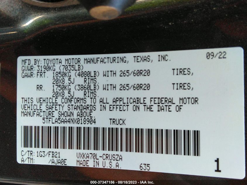 2022 TOYOTA TUNDRA 2WD SR5 - 5TFLA5AA4NX018904