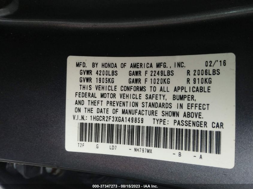 2016 HONDA ACCORD SEDAN LX - 1HGCR2F3XGA149859
