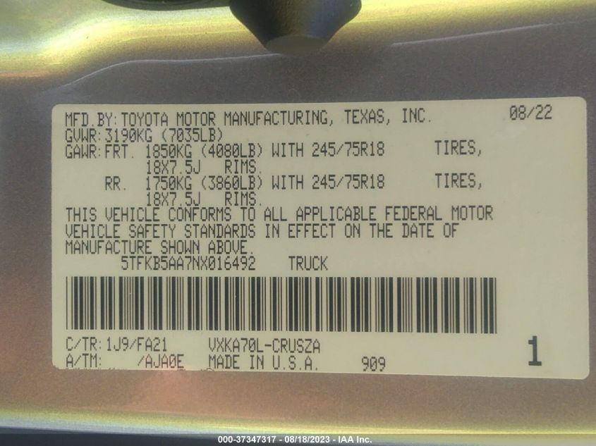 2022 TOYOTA TUNDRA 2WD SR - 5TFKB5AA7NX016492